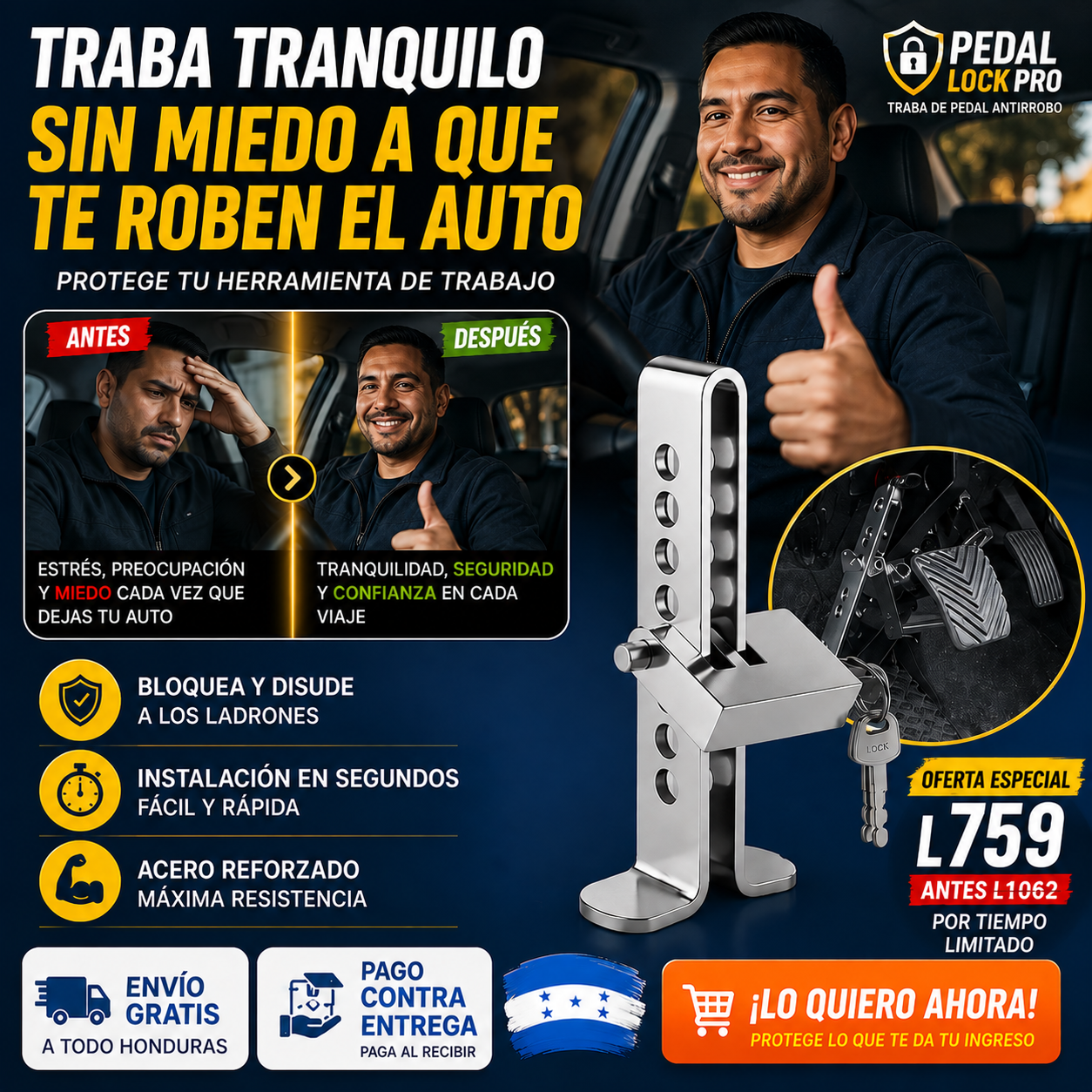 Bloqueo Pedal Antirrobo - Protege tu Auto Hoy!