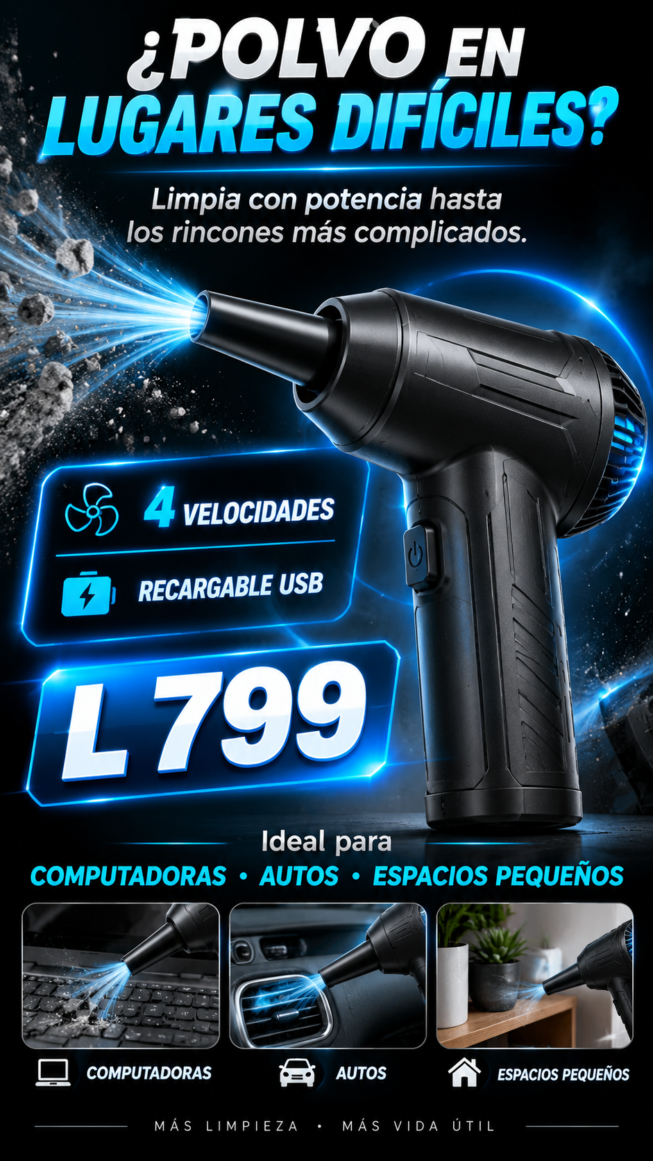 Mini Soplador Usb Recargable 4 Velocidades